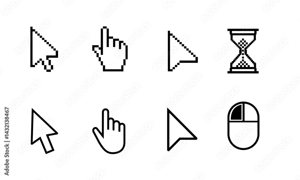 Poster computer mouse cursor icon set with arrows, hand pointers, click effects, and loading symbols. perfe