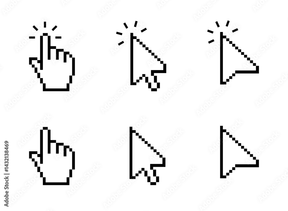 Poster computer mouse cursor icon set with arrows, hand pointers, click effects, and loading symbols. perfe