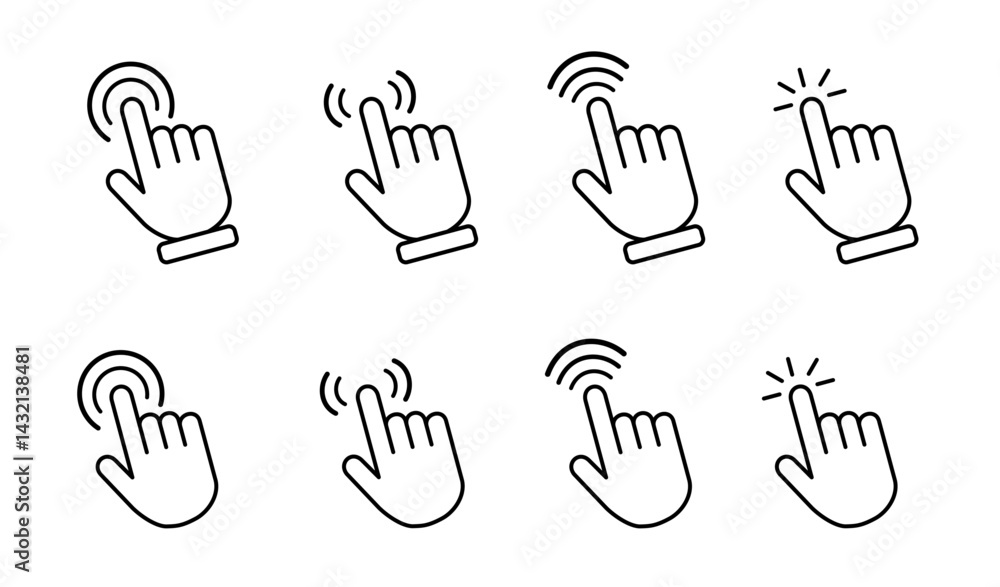 Poster computer mouse cursor icon set with arrows, hand pointers, click effects, and loading symbols. perfe