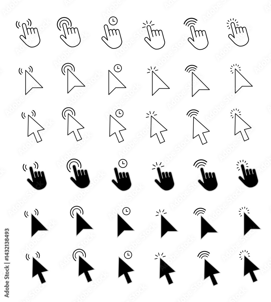 Poster computer mouse cursor icon set with arrows, hand pointers, click effects, and loading symbols. perfe