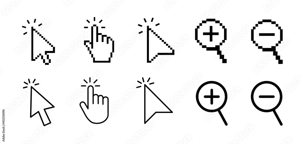Poster computer mouse cursor icon set with arrows, hand pointers, click effects, and loading symbols. perfe