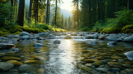 Obraz premium Serene forest stream flowing through mossy rocks, sunlight glistening on water