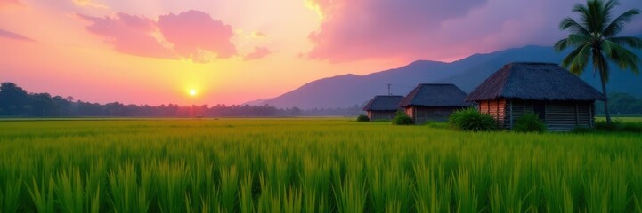 Fototapeta premium Tranquil rice field at dusk, simple wooden dwellings , Asian, tranquil
