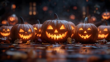 Fototapeta premium A group of pumpkins with carved faces, illuminated by candlelight against a dark background. The pumpkins range in size from small to large and have different expressions on their faces. They appear a