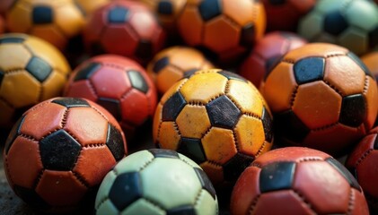 Pile of vintage hexagon leather soccer balls, stitched detail , game, graphics