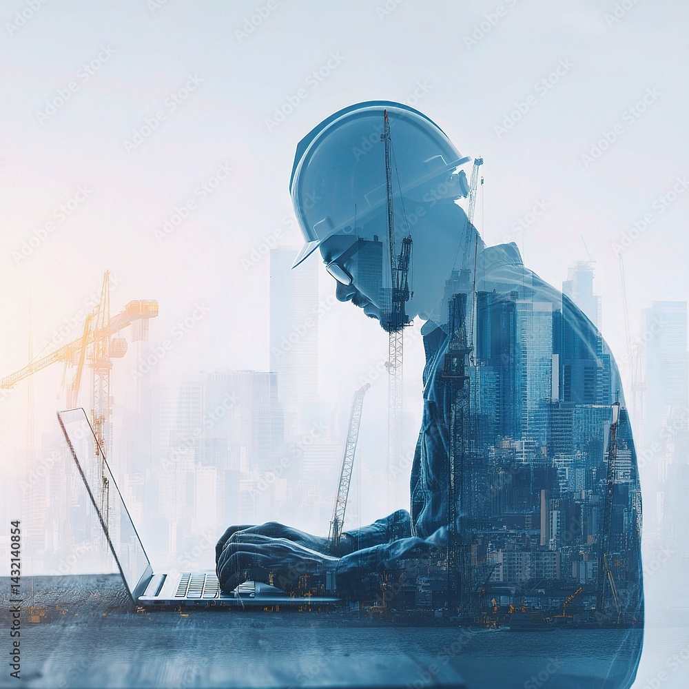 Poster engineering worker in urban environment with double exposure effect