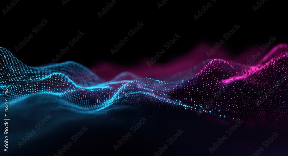 Poster a blue and pink gradient background with wave-like dots, futuristic digital data waves on a black ba