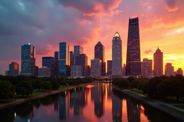 Fototapeta premium Houston skyline at sunset, modern architecture reflects golden light, downtown, cityscape photography