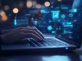 Nighttime Data Flow: Hands Typing on Laptop with Glowing Digital Interface