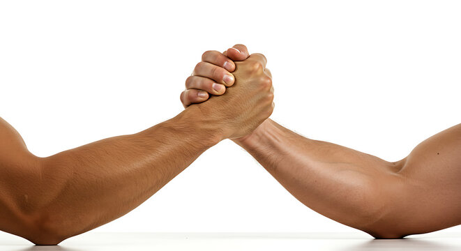 Two men arm wrestling on white background