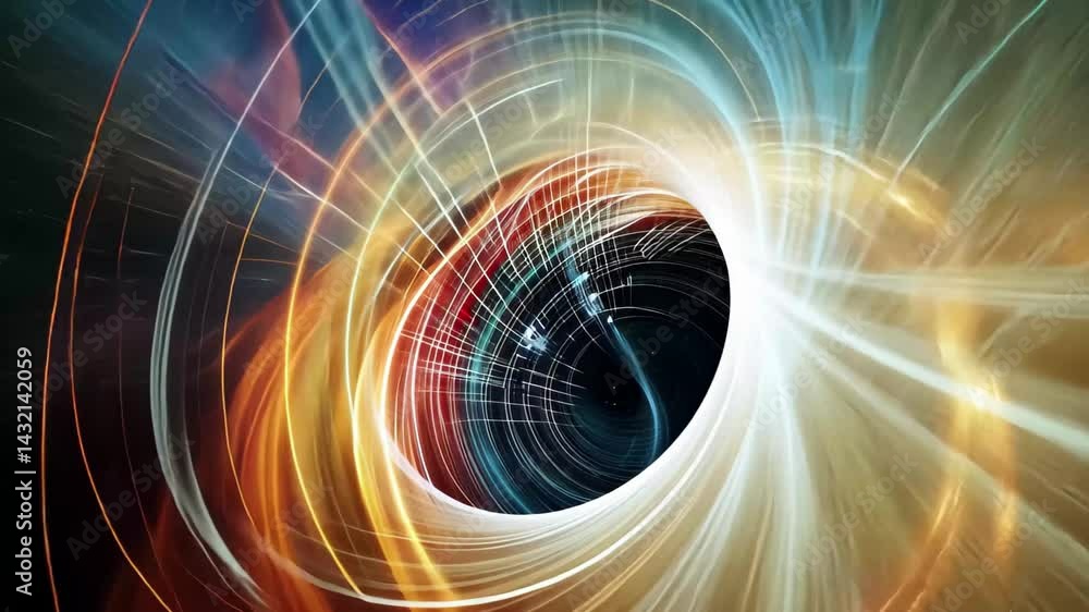 Poster Dynamic abstract vortex with vibrant colors and spiraling lights set against a dark background in a captivating cosmic scene