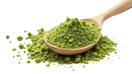 A wooden spoon overflows with vibrant green matcha powder, set against a transparent background.  The powder spills onto a surface, creating a dynamic and textured effect.
