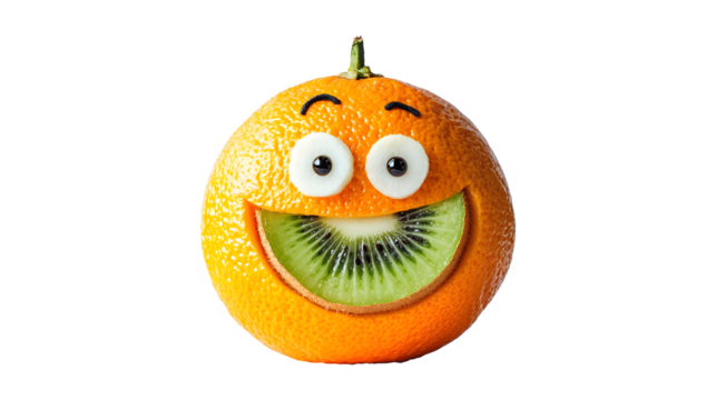 A smiling orange with a green kiwi inside