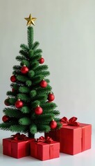 Compact green tree with red baubles & gold topper, beside oversized red presents, christmas tree, bows, ornaments