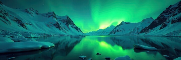 Emerald aurora reflected in crystal-clear, icy fjord , colors, night, brilliant