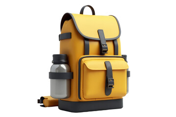 A yellow backpack with black accents, a water bottle holder, and a transparent background.