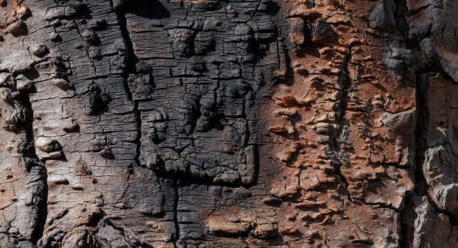 Close-up of a tree trunk with the pine bark burned off by lightning
