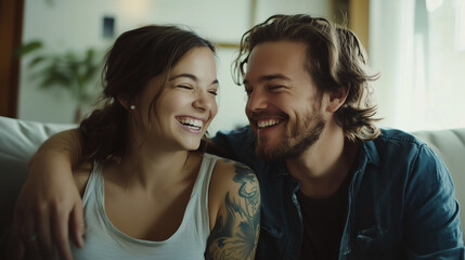 Fototapeta premium Smiling couple relaxing at home during summer renovation