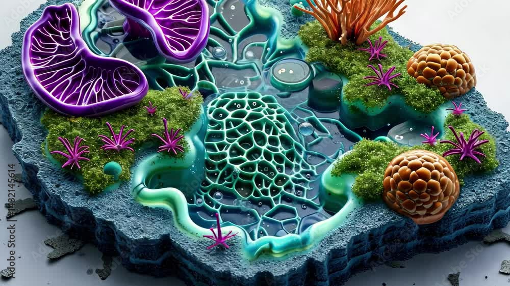 Poster Exploring vibrant and intricate cellular structures in a colorful biological scene with glowing elements and diverse textures