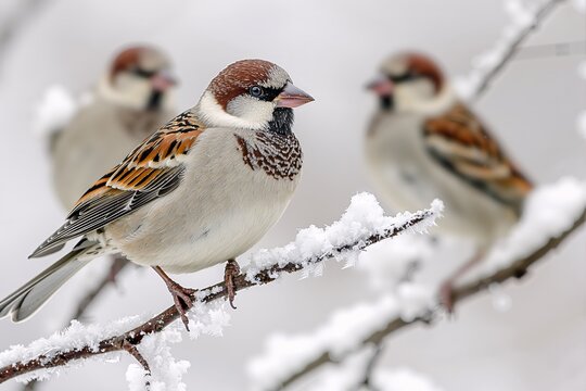 Eurasian tree sparrow perching on snowy branch in winter