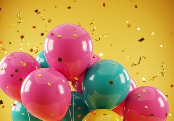 Bunch of colorful balloons with confetti falling. Holiday party concept. Celebration and decoration for birthday, wedding, or any festive event. Use for card, banner, website design.