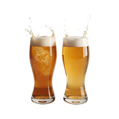 Two glasses of beer with splashes, isolated on transparent background.