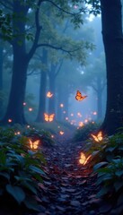 Luminescent butterflies dance in foggy woodland, light, subtle, atmosphere