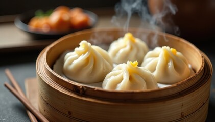 Plump bao and delicate dumplings steam gently in a bamboo steamer; chopsticks nearby , steamed buns, dumplings, steam