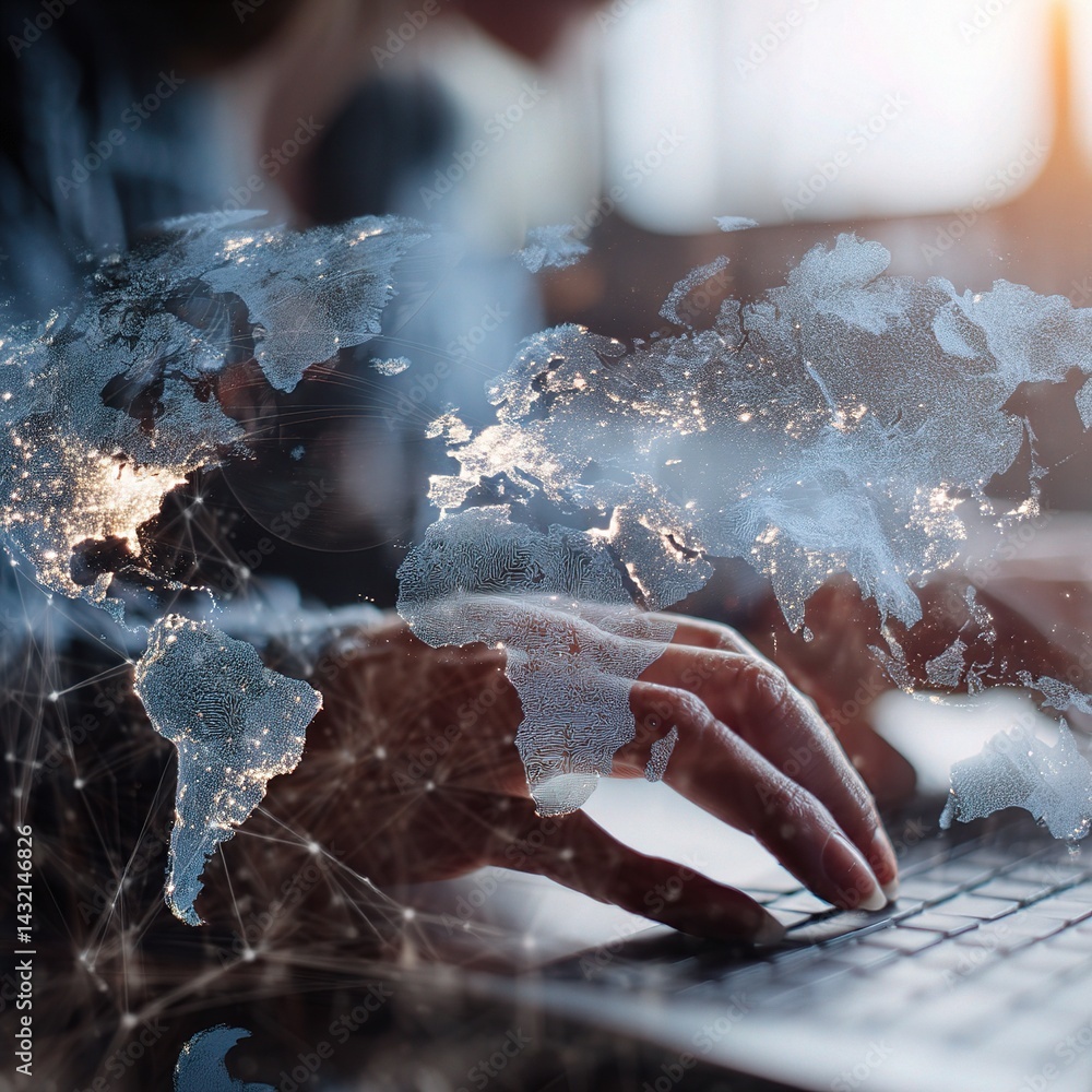 Poster double exposure of woman working on computer with world map overlay