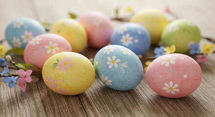 Obraz premium Colorful Easter Eggs with Floral Designs on Wooden Surface Surrounded by Delicate Flowers for Spring Celebration and Festive Decor Ideas