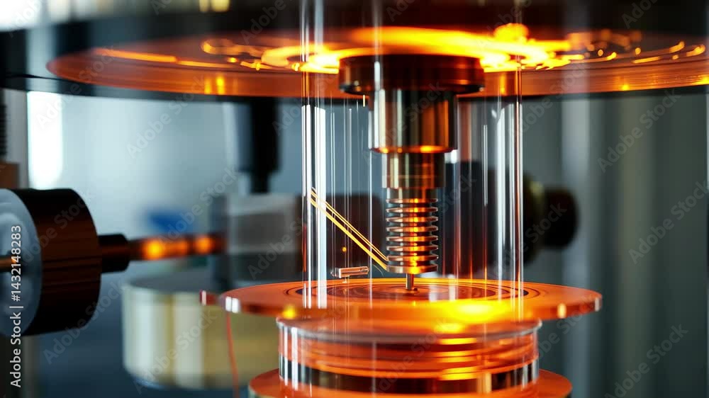 Leinwandbilder High-tech machinery in operation showcasing intricate components and orange illumination in a modern industrial setting