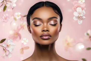 Fototapeta premium Beautiful black woman posing with eyes closed and pink flowers background