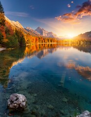 Fototapeta premium Fantastic autumn sunset of lake