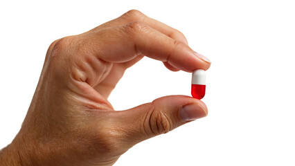 Close-up of a hand gently holding a red and white capsule against a transparent background.