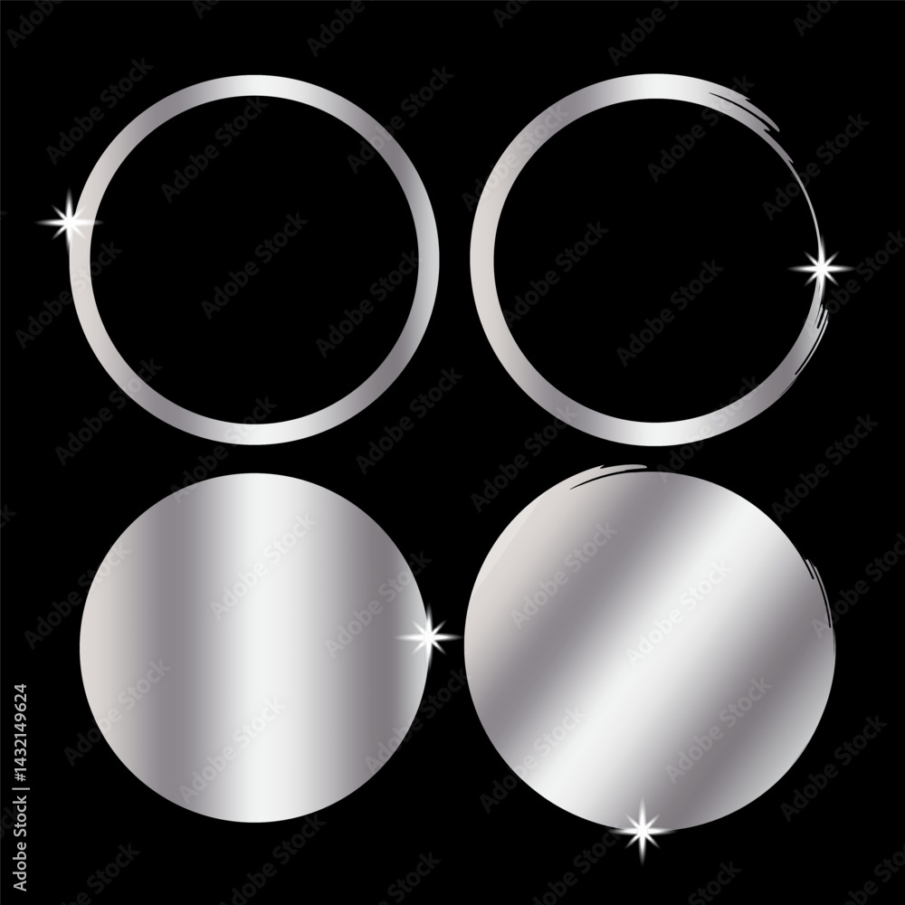 Poster silver circle set. glossy vector rings. shiny chrome buttons. black background layout.