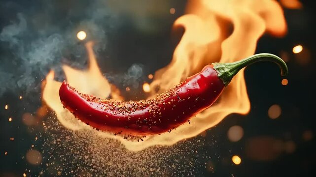 Vibrant red chili pepper suspended in mid-air, surrounded by flames and spices, creating a dynamic scene