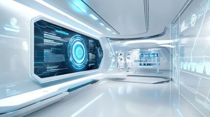 Futuristic medical lab interior with interactive displays