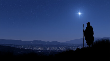 Fototapeta premium Silhouette of shepherd with staff looking at bright star over city lights, night nativity scene concept under starry sky for religious or Christmas design