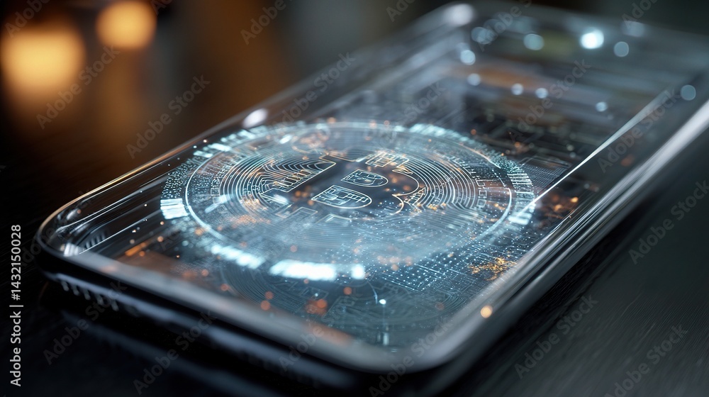 Poster innovative smartphone displaying blockchain and hologram technology