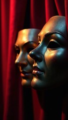 Close-up of theatrical masks, red curtain backdrop, show, comedy