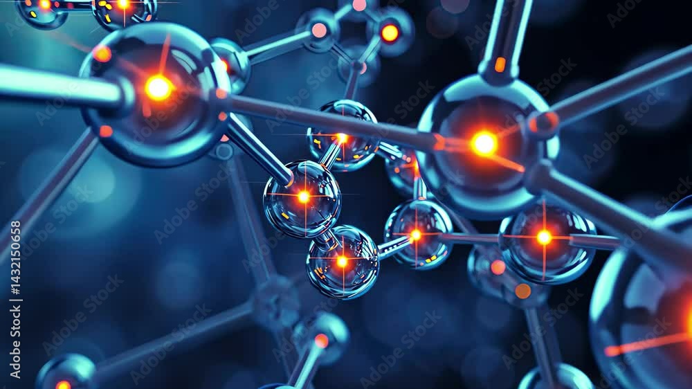 Poster intricate molecular structure illuminated with bright blue and orange lights showcasing the beauty o