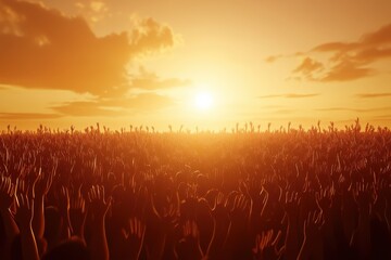 Crowd silhouette, raised hands, sunset background