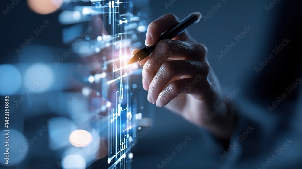 Poster woman using stylus to interact with virtual interface display