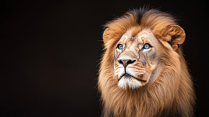 Obraz premium Powerful Lion With Intense Blue Eyes Illuminated Against A Dark Background