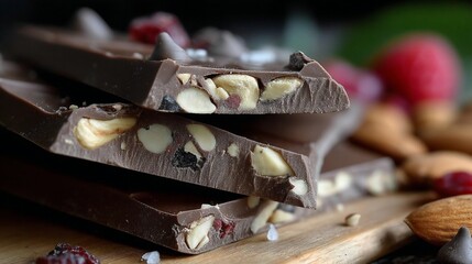 Dark chocolate bar with nuts, dried cranberries, and chocolate chips