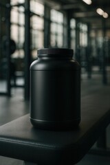 Obraz premium Black plastic jar of sports nutrition supplement resting on bench in gym