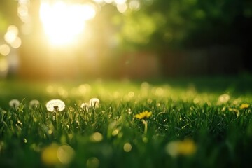 Obraz premium dandelions growing in the grass, with a blurred background and sunlight shining on them Generative AI