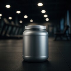 Obraz premium Plastic jar of sports nutrition supplement standing on floor in gym