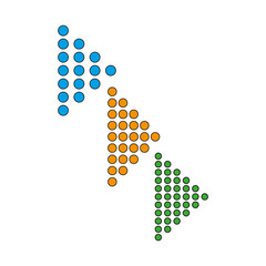 Dotted arrow icons. Directional point shape. Vector dot pattern. Colorful movement image.
