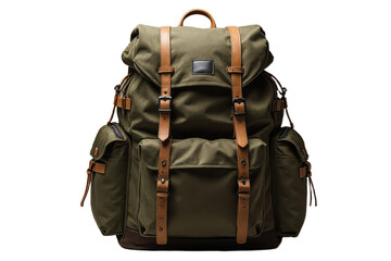 A large olive green canvas backpack with brown leather straps and buckles, shown against a transparent background.  Multiple pockets and compartments are visible.